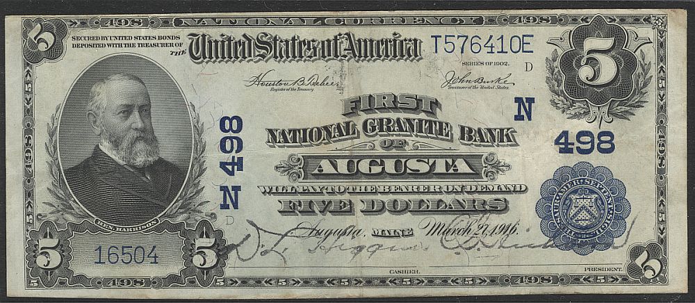 Augusta, Maine, Ch.#498, 1902PB $5, 16504, VF/XF